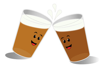 Two full glasses of beer, clinking together and celebrating with smiling faces