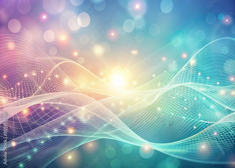 Poster soft pastel abstract backdrop featuring woven lines and dots in a wave-like pattern, evoking a futur