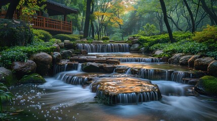 Naklejka premium Tranquil Waterfall in a Serene Garden