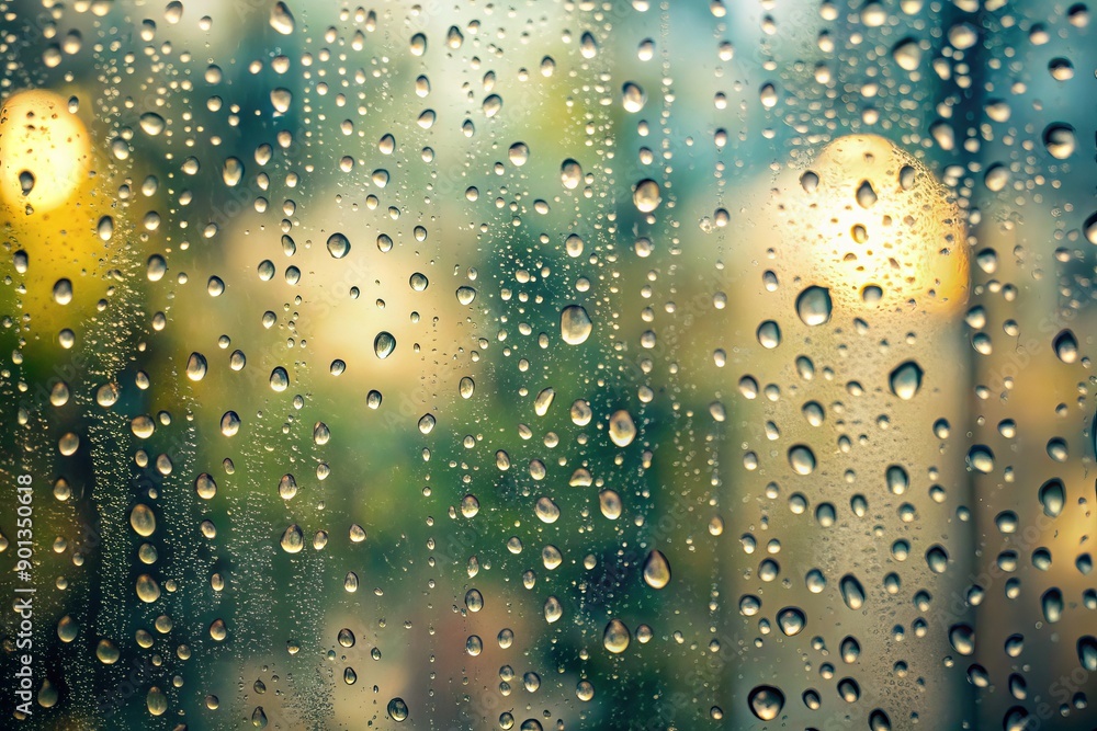 Aufkleber soft focus rain drops clinging to light grey window glass, creating a mesmerizing abstract texture w