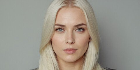 Naklejka premium Photo of beautiful Scandinavian woman with straight, platinum blonde hair against a light grey background.