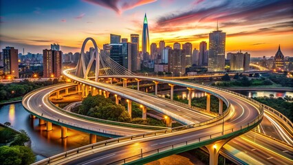 Obraz premium Vibrant cityscape at dusk featuring a sleek modern bridge with curved steel lines and suspended roadway glowing with warm golden streetlights and soft urban ambiance.