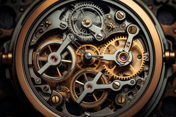 Close-up macro photography of intricate watch mechanism gears in a luxury vintage wristwatch, showcasing the precision craftsmanship and engineering of horological timepiece technology