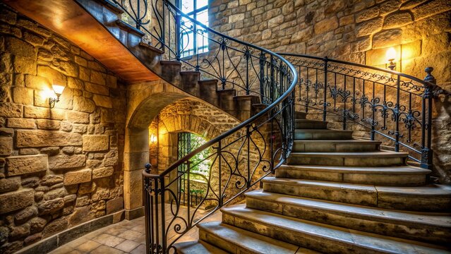Winding staircase with ornate metal railing ascends upward, surrounded by rustic stone walls, leading to a mysterious and inviting destination, flooded with soft natural light.