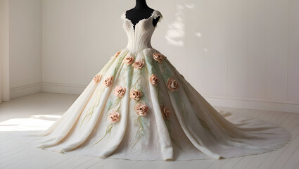 A elegant, lace wedding dress with delicate, floral details