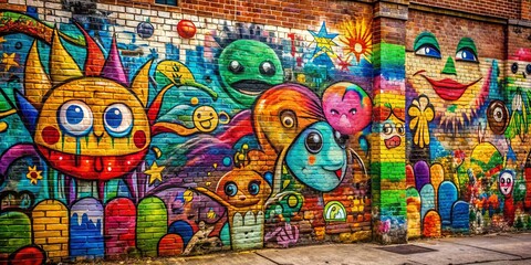 Vibrant splashes of colorful graffiti and playful drawings cover a weathered brick wall, exuding urban energy and creativity in a dynamic, abstract display of street art.