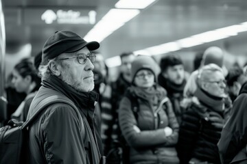 A man with glasses and a cap stands pensively in a busy station, observing his surroundings, signifying a moment of thought amidst the city's constant movement.