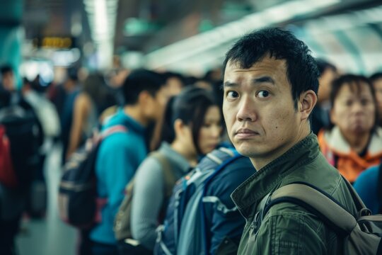 A commuter stands lost in thoughts in a bustling transport hub, highlighting the common experience of introspection amidst the fast-paced itinerary of urban life.