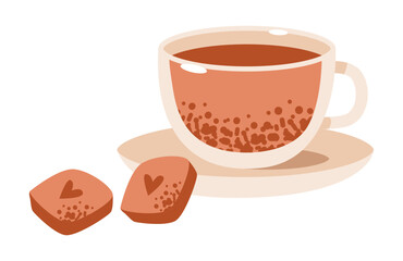 Flat vector illustration of a cup of tea with chocolate slices. Cozy and comforting a relaxing break with a warm beverage and a sweet treat