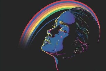 Fototapeta premium woman is looking to the sky and cries rainbows, black background 