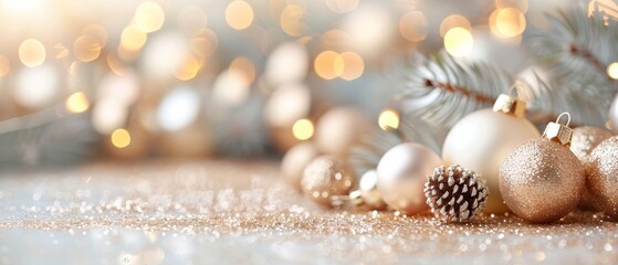 A festive arrangement of shiny ornaments and pine branches, creating a warm and cheerful Christmas atmosphere with soft bokeh lights.
