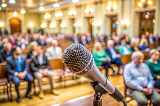 Forum for democratic discussion, empty microphone in focus, blurred audience, and panel of speakers in background, capturing essence of town hall meeting with candidates.