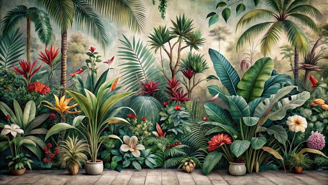 Vibrant jungle mural wallpaper featuring lush tropical foliage, delicate vines, and exotic flowers in a nostalgic, distressed vintage style, perfect for retro-inspired interior design.