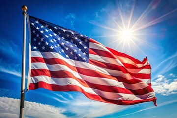 Fototapeta premium Vibrant Stars and Stripes waving freely in the wind against a clear blue sky, symbolizing freedom and patriotism on a sunny American day.