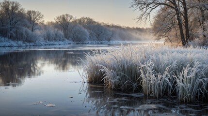 Tranquil Winter River Scene, Frosty Vegetation, Snow-Covered Water, Peaceful Landscape, Serene Nature, Winter Wonderland, Frozen River, Frosty Morning, Snowy Banks