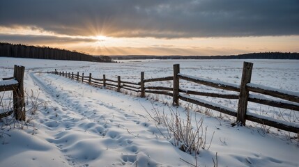 Fototapeta premium Winter Sunrise Over Snowy Field, Wooden Fence, Frosty Path, Rural Landscape, Scenic Sunrise, Tranquil Morning, Snow-Covered Ground, Winter Serenity, Frosty Dawn