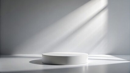 Minimalist white pedestal on a bright white background, dramatic shadows of a podium in an empty room, perfect for presenting a product or merchandise.