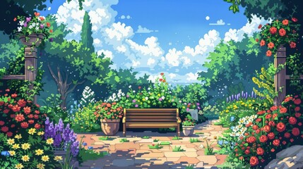 A serene pixel art image of a beautifully arranged garden featuring a variety of colorful flowers and a lone bench under a bright, clear sky, exuding peace and tranquility.