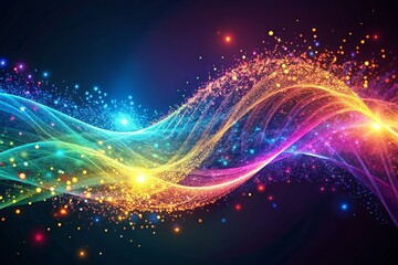 Vibrant colorful digital wave of tiny particles flowing in a futuristic, futuristic curved trajectory, radiating energetic light pulses, evoking a sense of dynamic technology advancement.