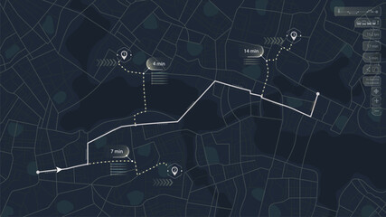 Gps, graphic tourist map of territory. Smartphone map application. App search map navigation. Fragments of city. Futuristic route dashboard gps map tracking. Vector illustration.