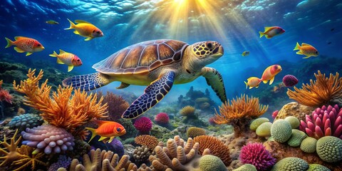 Vibrant coral reef scene featuring diverse fish species, a majestic sea turtle, and delicate sea fans, showcasing the wonders of a thriving ocean ecosystem.