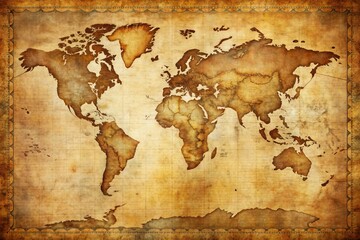 Aged, creased, and worn vintage world map with faded colors, yellowed edges, and ornate borders, evoking a sense of nostalgic adventure and exploration.