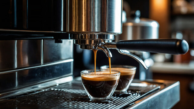 Two cups of freshly brewed coffee being made by an espresso machine, with a focus on the rich crema.