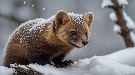 Obraz premium Playful Marten in Snow, Cute Animal, Winter Wildlife, Nature Photography, Forest Scene, Adorable Marten, Snow-Covered, Woodland Creature, Wildlife Close-Up, Winter Beauty