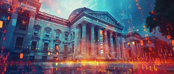 Obraz premium A majestic architectural structure with vibrant digital effects, portraying a fusion of tradition and modern technology.