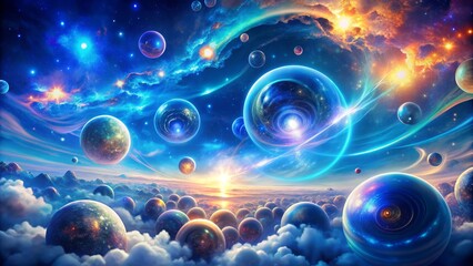 Vibrant, electric blue sky swirls with iridescent, glowing neon clouds, radiant orbs, and shimmering stardust, creating a mesmerizing, futuristic abstract fantasy background.