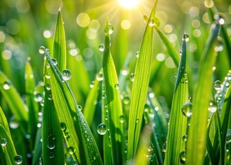 Fototapeta premium Vibrant green grass blades glisten with delicate water droplets, capturing a serene and calming atmosphere in this intimate, natural, and refreshing close-up outdoor scene.