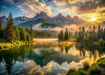 Serene golden sunrise over majestic mountain range with misty valley, lush green forests, and serene lake reflecting breathtaking beauty of untouched wilderness.