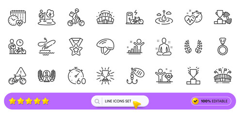 Fishing float, Laurel wreath and Bicycle helmet line icons for web app. Pack of Fishing lure, Delivery bike, Cardio training pictogram icons. Cardio calendar, Arena stadium. Search bar. Vector