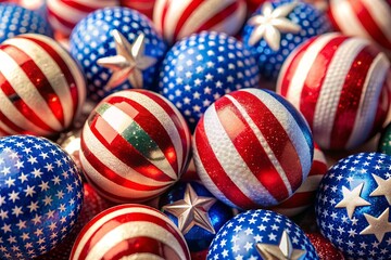 Obraz premium Vibrant close-up of red, white, and blue striped and star-spangled balls, ideal for patriotic celebrations like Independence Day, Memorial Day, and other American holidays.