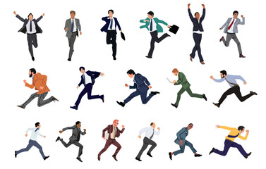 Set of Business characters running. Men and women different ages, ethnicities and body types wearing formal outfit with briefcase, laptop, front, side view. Realistic vector illustrations isolated.