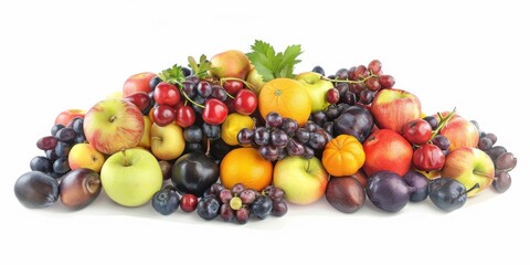 Fruit Pile Isolated on White Background. Mix of Summer Fruits in a Colorful Heap