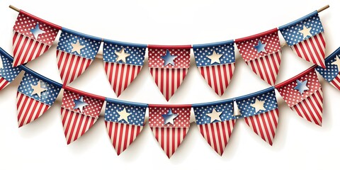 Fototapeta premium Vibrant patriotic bunting featuring repeating patterns of red, white, and blue stripes and stars, isolated on a pure white background with photorealistic details.