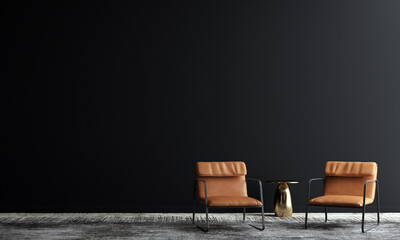 Home and decoration and modern minimal living room interior design and empty black wall pattern background. 3d rendering