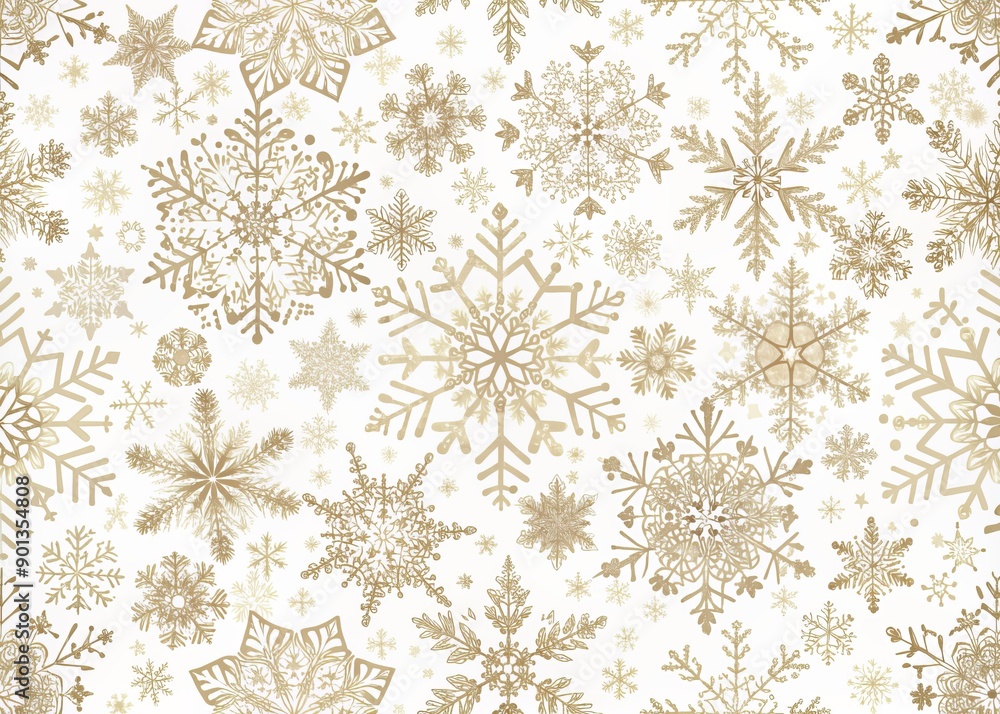 Poster delicate white snowflakes with intricate symmetrical patterns float against a calm plain white backg