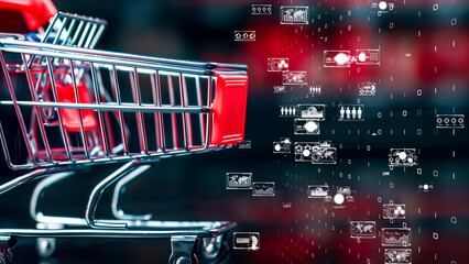 Shopping cart in a digital world, Modern retail concept