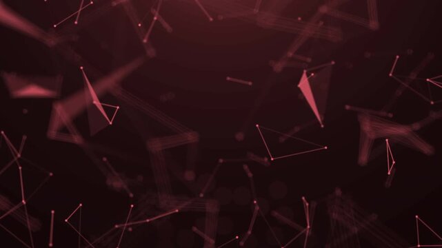 This artwork displays diverse geometric shapes and intricate connections on a vibrant red gradient background