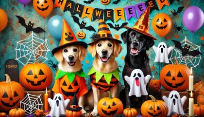 Fototapeta premium Dogs in Halloween Costumes with Jack-o'-Lanterns.