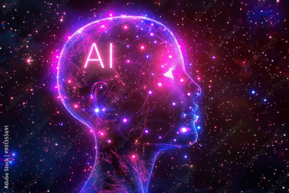 Poster digital brain hologram with neon lights highlighting advanced neural networks and tech innovation pe