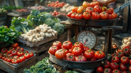 A woman weighing a bunch of ripe tomatoes on an old-fashioned scale at a farmers' market, surrounded by crates of assorted vegetables