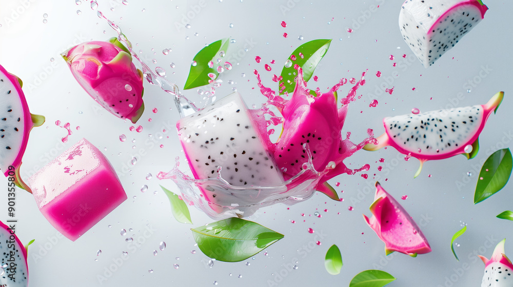 Canvas Prints floating dragon fruit juice with slices and splash