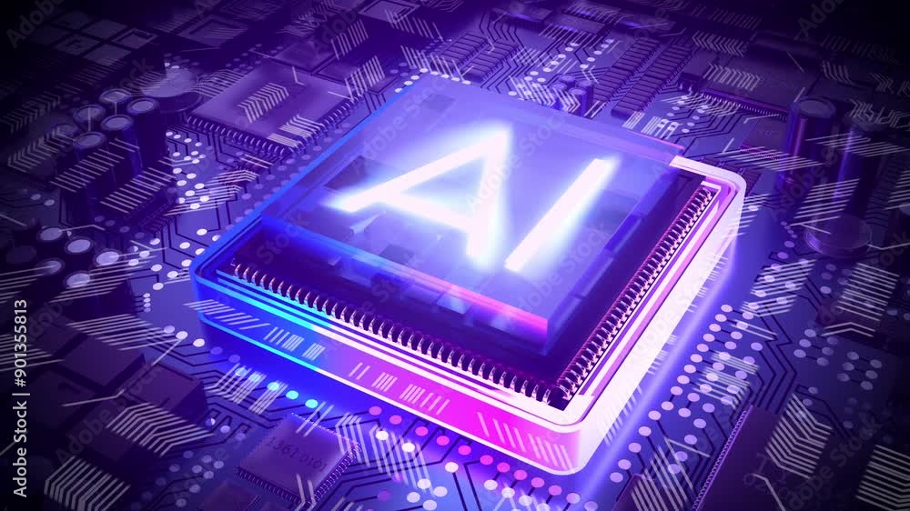 Poster ai concept with computer processor - 3d 4k animation (3840 x 2160 px)