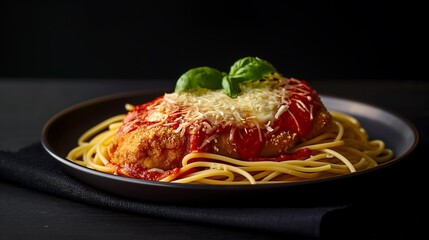 Fototapeta premium Photo of chicken parmesan on spaghetti, food photography