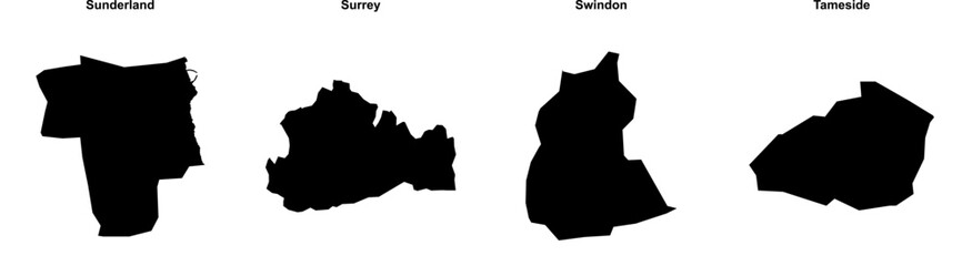 Sunderland, Surrey, Swindon, Tameside outline maps