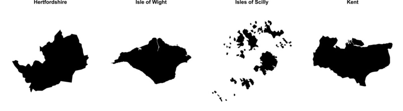 Hertfordshire, Isle of Wight, Isles of Scilly, Kent outline maps