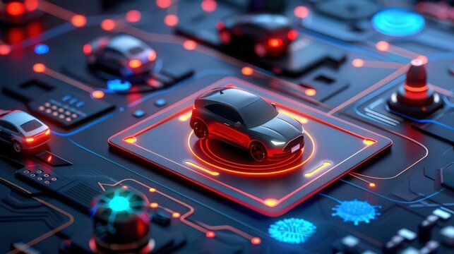 Futuristic car model on a high-tech digital circuit board with vibrant lights and intricate details, showcasing technology and innovation.